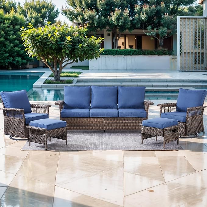 Patio Furniture Set 2 Wicker Swivel Glider Chairs 2 PE Rattan Ottomans with Patio PE Rattan Sofa Brown Wicker Blue Cushions Patio Conversation Set 5pcs for Garden Balcony Backyard