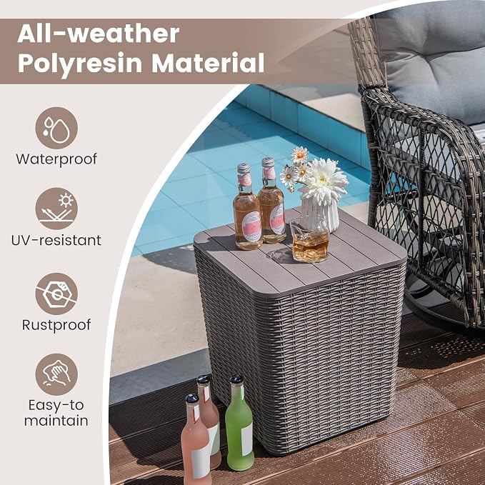 MEDIMALL Resin Wicker Patio Side Table with Lid, 11.5-Gallon Outdoor Deck Box with Concealed Storage Space, Small Square Coffee Table End Table for Porch, Garden, Poolside, Brown/Black (brown)