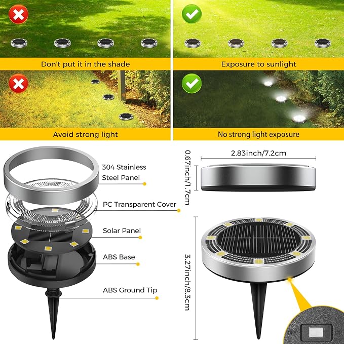 20 Pack Solar Ground Lights Outdoor, 8 LED Mini Flat Solar Disc Lights, IP65 Waterproof Pathway Lights Solar Powered, Landscape Lighting for Garden Walkway Driveway Yard Lawn,Cool White