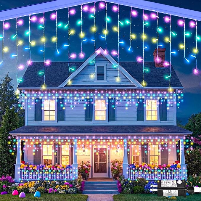 66ft 640 LED Pastel Multicolor Christmas Lights Outdoor Icicle Lights for Outside, Clear Wire Connectable Twinkle Light with 8 Modes Timer Waterproof for House Window Party Holiday Patio Yard Decor