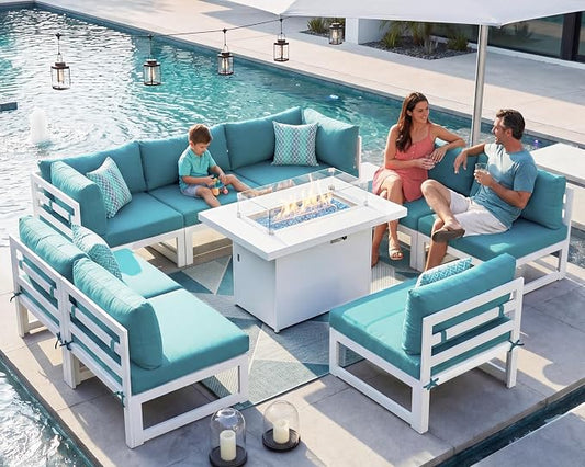 RADIATA 9 Piece Large Modern Aluminum Outdoor Patio Furniture Set with Fire Pit Table Propane/Gas, 29 inch Wide Deep Seat, Anti-Rust Comfy Sectional Sofa, 500 lbs Sturdy Conversation Set, Turquoise
