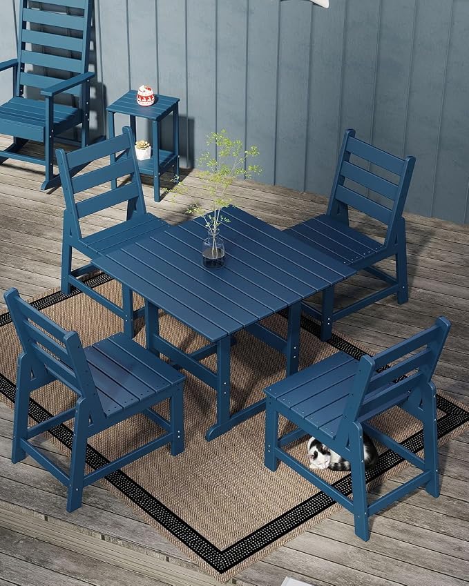 GREENVINES 5-Piece-Outdoor-Dining-Set | HDPE | Square | Patio Furniture | All Weather | Armless Chair | Slatted Table and Chairs Sets for 4 | for Backyard Poolside Garden | Blue