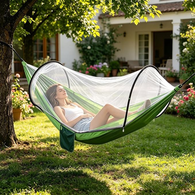 Heavy Duty Hammock with Mosquito Net–Canvas Hammock, Fade-Resistant Cotton Lounger, Roll-Free Comfort Design, Easy Setup for Backyard, Porch, Garden, Camping, Travel (Light Green)