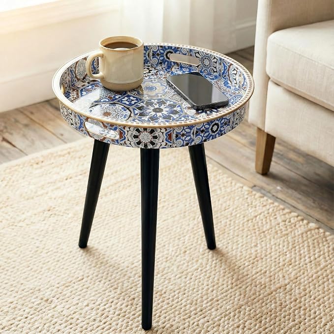 Round Indoor Side Tables with Detachable Wooden 3 Legs, Versatile Tray Table, Perfect for Round Coffee Table Tea, and Relaxation Time 17.7 Inch (33 Bohemian)