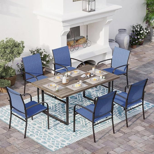 SUNSHINE VALLEY 7 Piece Patio Dining Set for 6, 64” Rectangular Wood-Like Steel Dining Table with Umbrella Hole, 6 x Blue Chairs, Outdoor Table and Chairs Set for Lawn Backyard and Deck