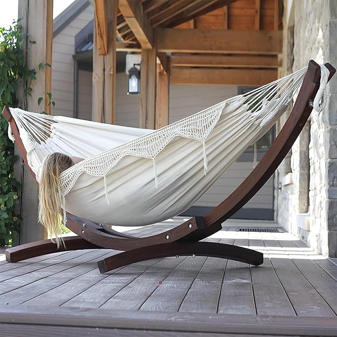 Vivere Double Cotton Hammock with Solid Pine Arc Stand - 450 lb Capacity, Durable FSC Wood Frame, Includes Hardware & User Guide - 450 lb Weight Capacity