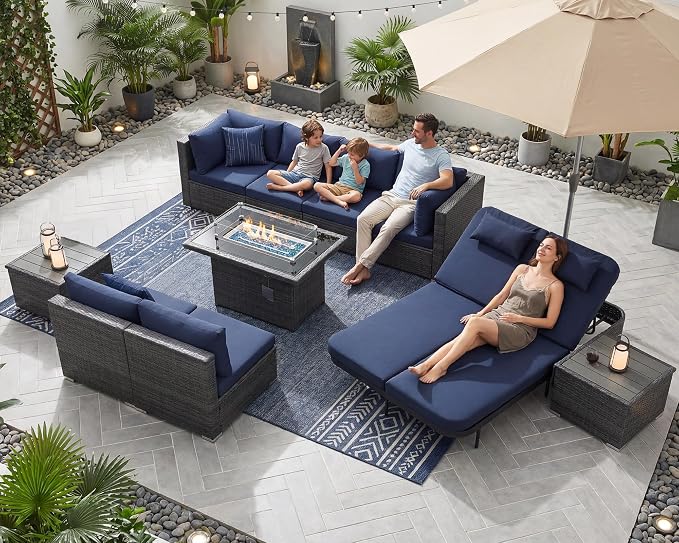 NICESOUL 11 Piece Outdoor Sectional with Fire Pit Table, 29.3'' High Back Rattan Patio Furniture Set with Firepit & Chaise Lounge, Large Deep Outdoor Sectional, 2 Color Cushion Navy Blue & Grey