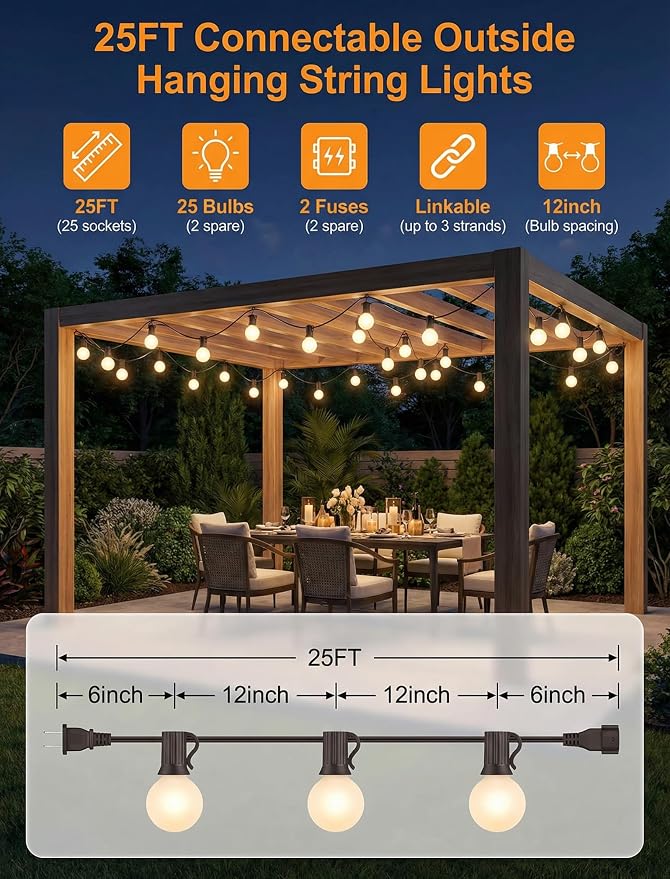 G40 Outdoor Frosted String Lights, 25FT, 25-Light, Black Wire | Soft Frosted Glow, IP44 Weatherproof, 5W Glass Incandescent Bulbs, E12 Bases, 2 Spares, End-To-End Connectable, for Bistro