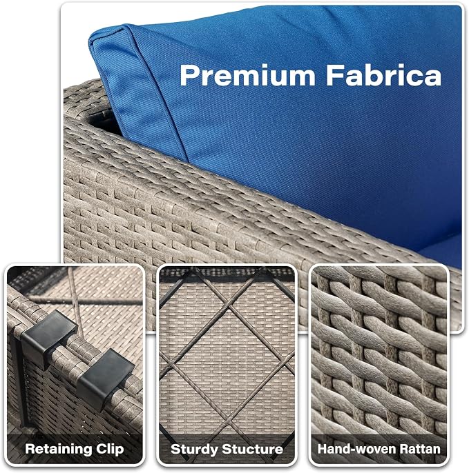 7-Piece Gray Rattan Patio Furniture Sets, Outdoor Conversation Sofa Sets with Water Resistant Blue Cushions & Tempered Glass Coffee Table, Modular Outdoor Sectional Sofa Sets with 2 Pillows