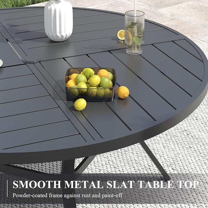 VICLLAX 63" Round Patio Table with Umbrella Hole, All Weather Metal Outdoor Dining Table for 8-10, Outside Table for Lawn Garden, Black