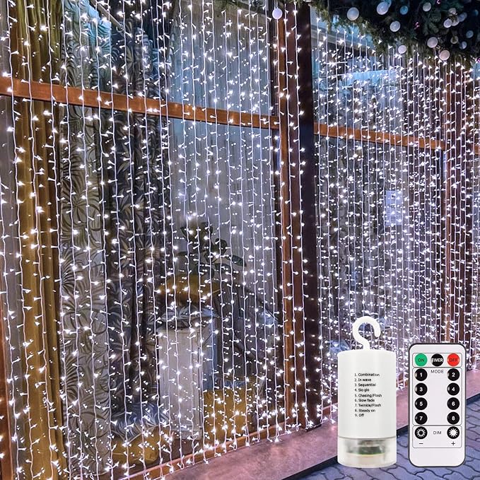 echosari 9.8Ft×9.8ft Curtain Lights Battery Operated with Remote Cool White | 300 LED Hanging Light Timer Fairy Curtain Lights for Bedroom Patio Wedding Backdrop Party Decór