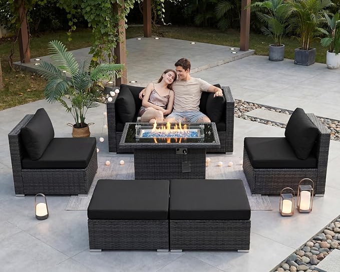 BULEXYARD 7 Piece High Back Outdoor Sectional Set with Fire Pit Table, Wicker Patio Furniture Set Weather-Resistant, Modular 6-Person Couch Sofa Comfortable Wide Deep Seats for Backyard, Grey & Black