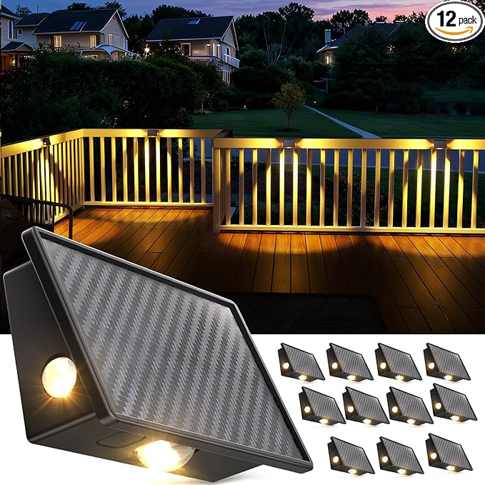 JSOT Solar Deck Lights Outdoor - 12 Pack Stair Step Fence Waterproof Light 5 Lighting Modes for Backyard Garden Wall Outside Patio Decor (Warm Light)