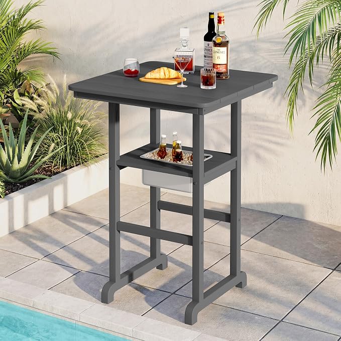 SERWALL HDPE 41.7'' Bar Table with Ice Bucket, Bar Height Table with Ice Bucket, 30'' x 30'' Square Bar Tables Bistro, Poolside, Backyard, Grey