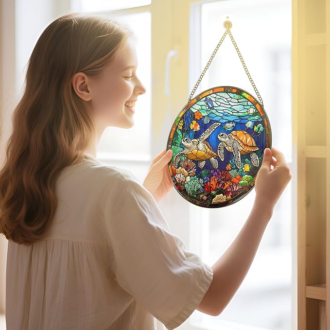 Stained Glass Window Hanging, Stained Glass Suncatcher Sea Turtle Decor, 8" Coral Reef Ocean Window Hanging Ornament | Sea Turtle Gifts, Valentine, Birthday Gifts for Friends, Women, Men, Mom