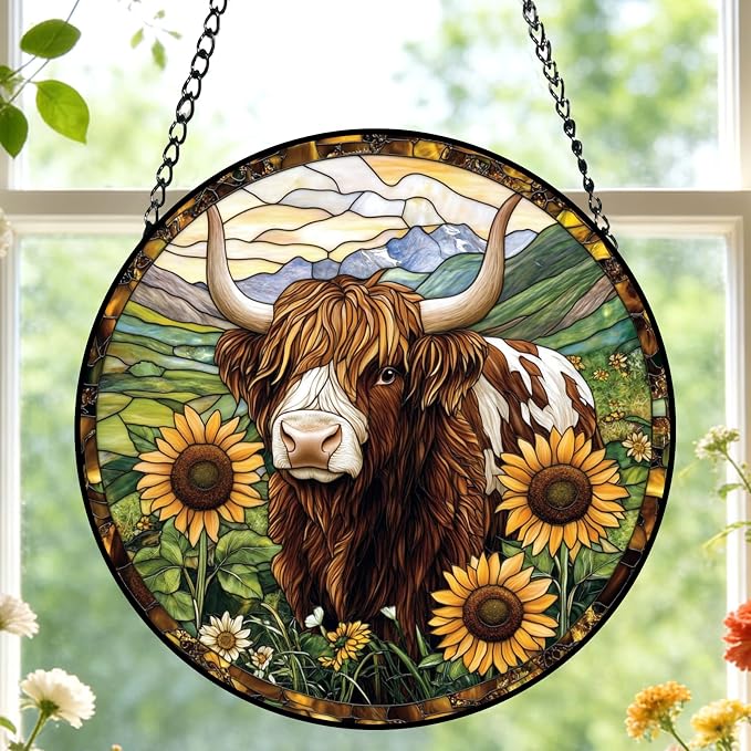 Highland Cow Stained Glass Suncatcher Window Hanging Gifts for Women Men | 7.8in Garden Sun Catcher, Cow Sunflowers Ornament for Windows Door Home, Mother's Day Birthday Gifts for Animal Lovers