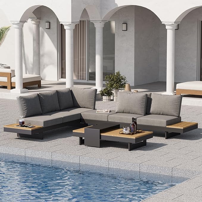 homary 4 Piece Outdoor Conversation Sets, Teak & Aluminum Modular Patio Sectional Sofa with Adjustable Backrests, Water-Resistant, Low-Profile Outdoor Couch Set for Backyard, Garden, Grey