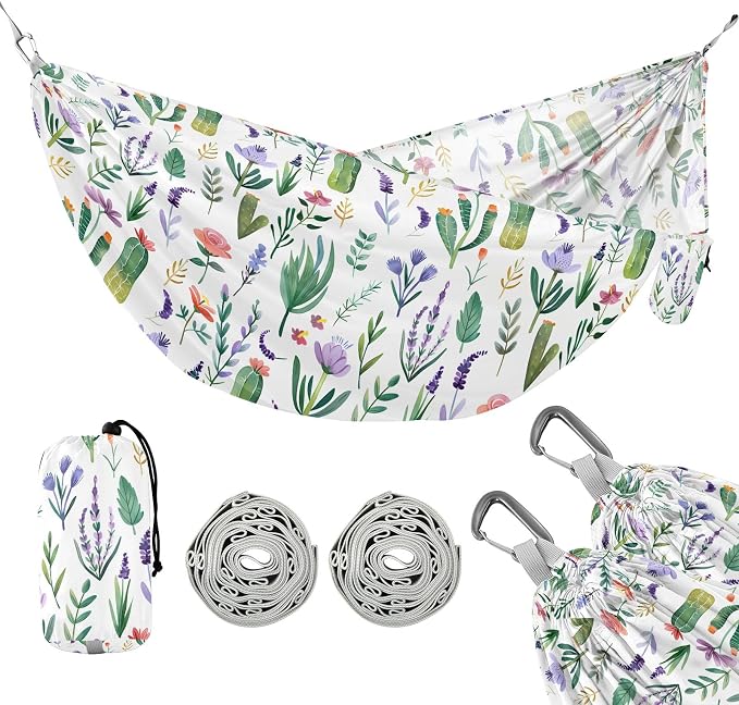 Camping Hammock Outdoor Hammocks for Outside Flowers Lavender Leaves Cactus Beach Trees Portable Lightweight with Pockets Tree Straps Indoor