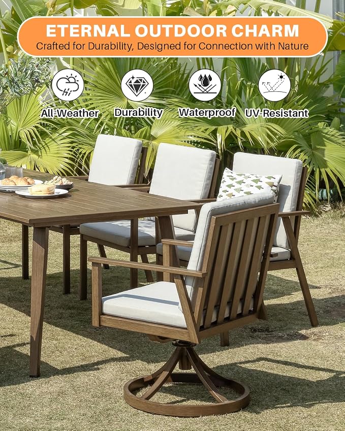 7 Pieces Patio Dining Set with 6 Swivel Chairs, Never-Rust Aluminum Outdoor Dining Set, Patio Swivel Dining Set with Thick Cushions, Outdoor Furniture Set for Deck, Garden, Yard, Teak