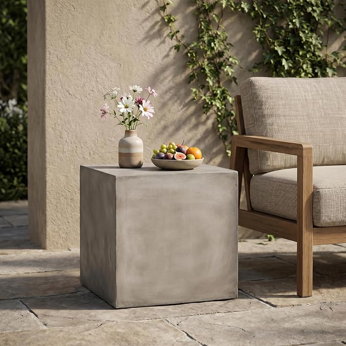 Outdoor Side Table Faux Marble End Table Faux Stone Travertine Small Coffee Table for Indoor Outdoor, Garden Stool Plant Stand for Porch, Backyard Patio 22" Square Grey