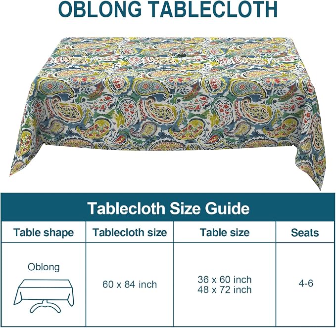 DYTXIII Outdoor Rectangle Tablecloth with Umbrella Hole and Zipper 84" x 60", Water Repellent Floral Picnic Cover, Fade & Wrinkle Resistant Tablecloth for Patio/Garden/Party Table, Paisley Paradise