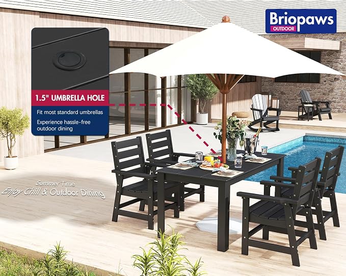 BRIOPAWS Outdoor Dining Table | HDPE | 67” Patio Rectangle Tables | All Weather | Umbrella Hole | Patio Furniture Set for 4-6 Person | Black