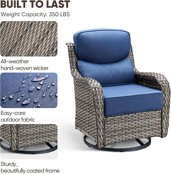 Swivel Patio Chairs sofa Set of 2 with 6" Thick Cushion - Wicker Outdoor Swivel Rocker Patio Chair ,Sofa/Glass coffee table, High Back Comfortable Outdoor Glider Chairs - Grey Wicker | Blue Cushions