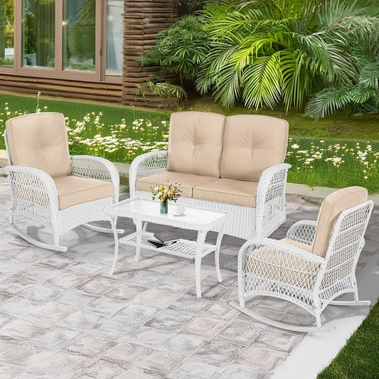 MEETWARM 4 Pieces Outdoor Wicker Patio Conversation Sets with Glider Loveseat, 2 Chairs with Coffee Table Wicker Rocking Chair Set, Patio Furniture Set with Thickened Cushions, White/Beige