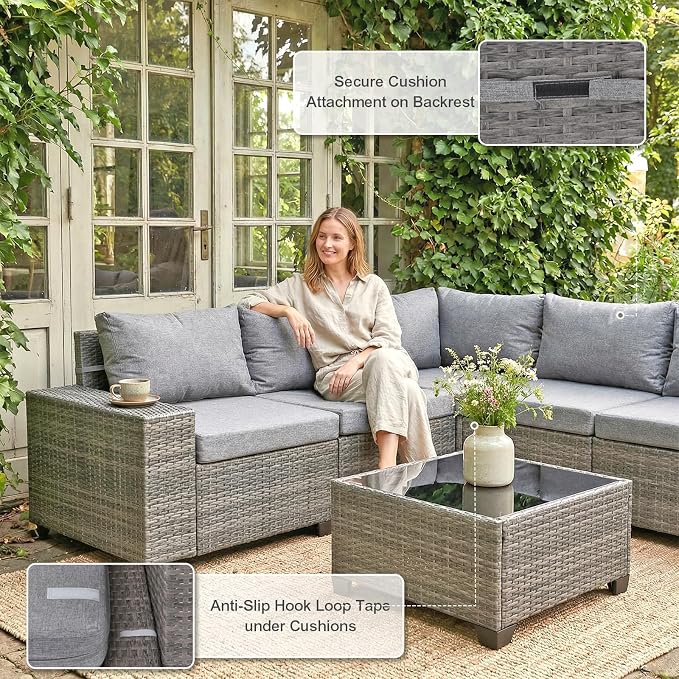 SUNSITT 6-Piece Patio Furniture Set, Outdoor Wicker Modular Sectional Sofa with 7.7-inch Wide Armrests & Thick Comfy Cushions, Glass Top Coffee Table, Rattan Conversation Set, Grey Color
