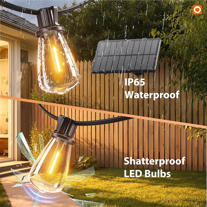 addlon 72FT Solar String Lights Waterproof with Remote & USB, Patio Lights | Solar Powered with Dimmable LED Shatterproof Bulbs, Outdoor Lighting for Camping Backyard Garden