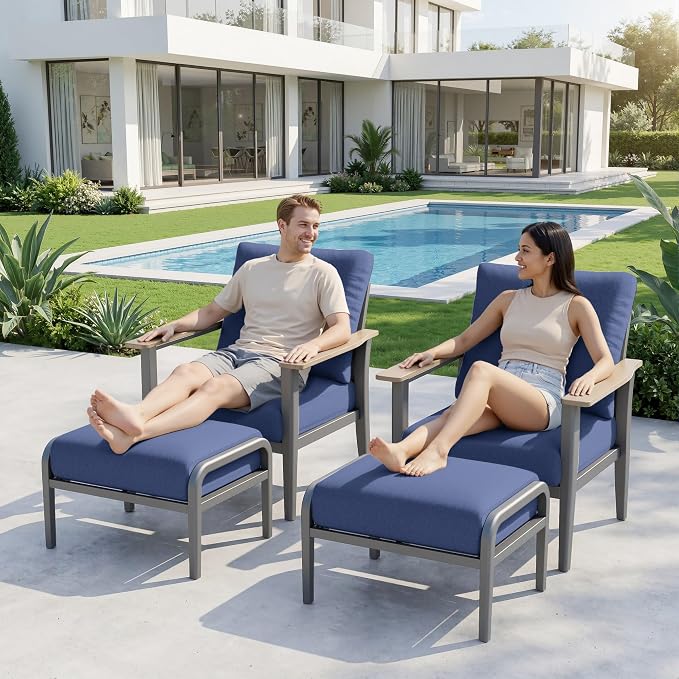 Aluminum Patio Chairs with Ottomans, 4-Piece Outdoor Patio Furniture Set, Modern Lounge Armchairs with Footrests, Wood-Like Armrests & 5.1" Thick Cushions for Porch, Poolside, Navy Blue