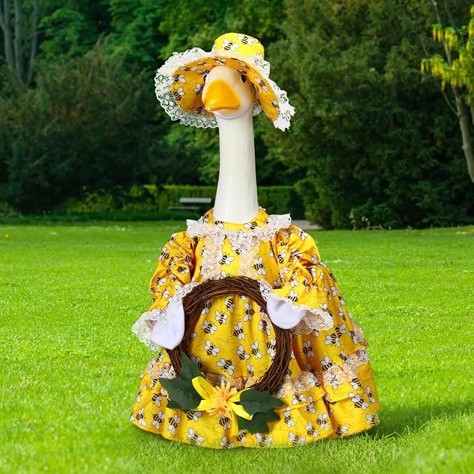 Soulchen 1 Set Summer Bee Porch Goose Outfit with Wreath 23 Inch Cement Goose Clothes Dress and Hat Costume Set for Spring Summer Holiday Lawn Garden Yard Decor