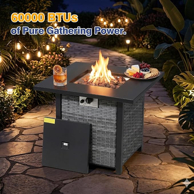 7 Piece Patio Furniture Set With Fire Pit , 360° Swivel Patio Chairs Set of 2,Cozy 60,000 BTU Square Fire Pit Table,2 Wicker Chairs,Sofa,Outdoor Side Table,All-Weather Wicker Patio Sets For Outdoor