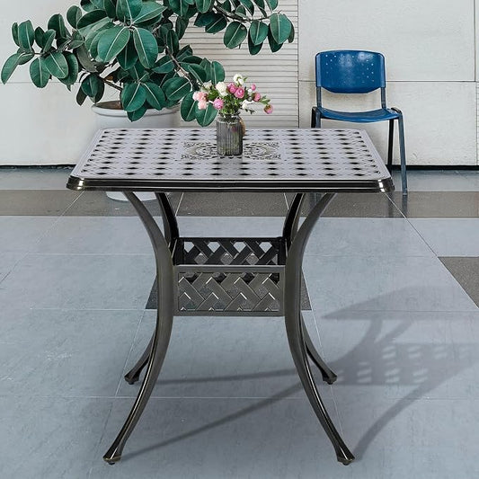 30.5" Inch Outdoor Dining Table Square Patio Bistro Table Bronze Cast Aluminum Rustic Large Table with Umbrella Hole