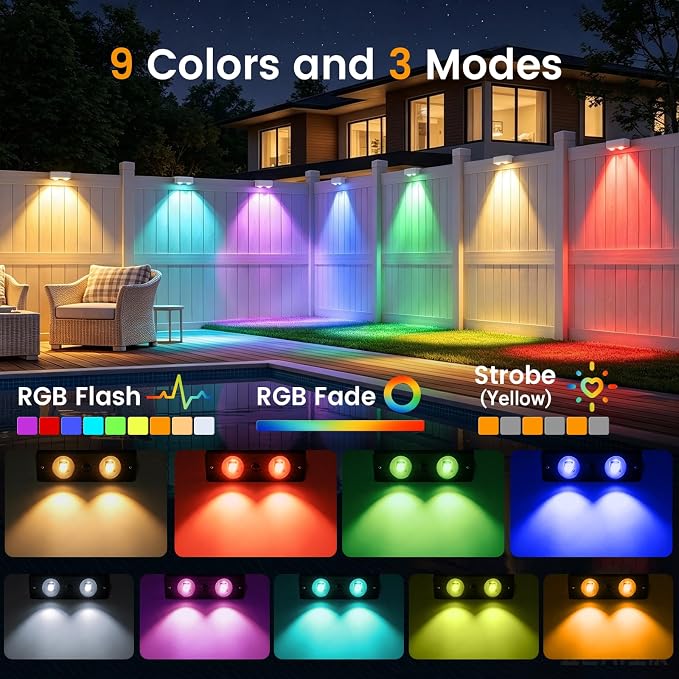 Bridika Solar Fence Lights Outdoor with Remote, L-Shaped Design, White 12 | Remote sync all lights, 9 Colors & 3 modes, LED, IP65 waterproof, Dusk to dawn, for fence/deck/patio/stairs/railing/wall