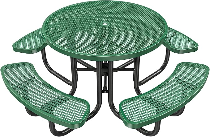 46IN Round Outdoor Picnic Table with Attached Seats, Heavy-Duty Metal Expanded Mesh Patio Table, 1600LBS Load Capacity Commercial-Grade Table for Park, Backyard, Deck, Green