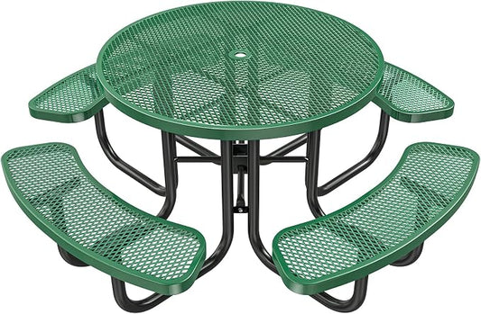 46IN Round Outdoor Picnic Table with Attached Seats, Heavy-Duty Metal Expanded Mesh Patio Table, 1600LBS Load Capacity Commercial-Grade Table for Park, Backyard, Deck, Green