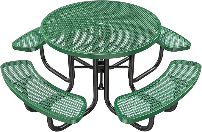 Ceridwen Heavy Duty Picnic Table with 4 Benches, Expanded Metal Steel Mesh Outdoor Patio Dining Table Bench Set with Umbrella Hole,Outdoor Patio Dining Table for Garden (Round, Green, 46FT)