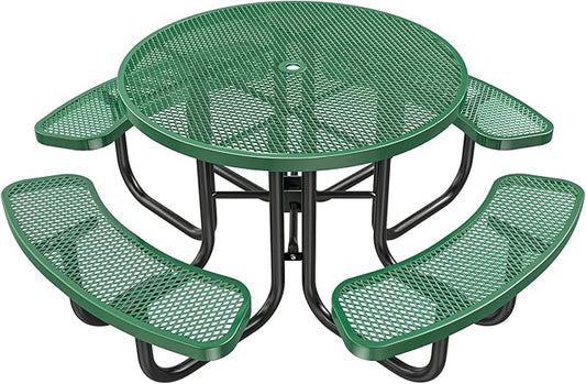 Ceridwen Heavy Duty Picnic Table with 4 Benches, Expanded Metal Steel Mesh Outdoor Patio Dining Table Bench Set with Umbrella Hole,Outdoor Patio Dining Table for Garden (Round, Green, 46FT)