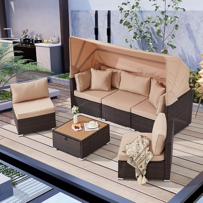 6-Piece Outdoor Sectional Sofa Set with Retractable Canopy and Adjustable Backrest, Patio Conversation Set Rattan Garden Lounge Furniture for Backyard, Deck, Porch, or Balcony Seating(Beige)