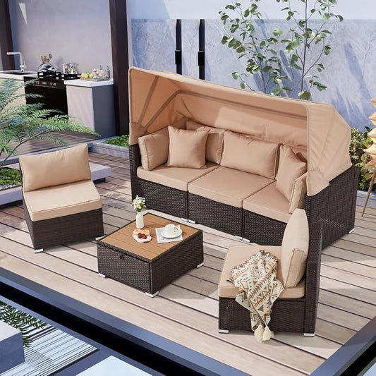 6-Piece Outdoor Sectional Sofa Set with Retractable Canopy and Adjustable Backrest, Patio Conversation Set Rattan Garden Lounge Furniture for Backyard, Deck, Porch, or Balcony Seating(Beige)