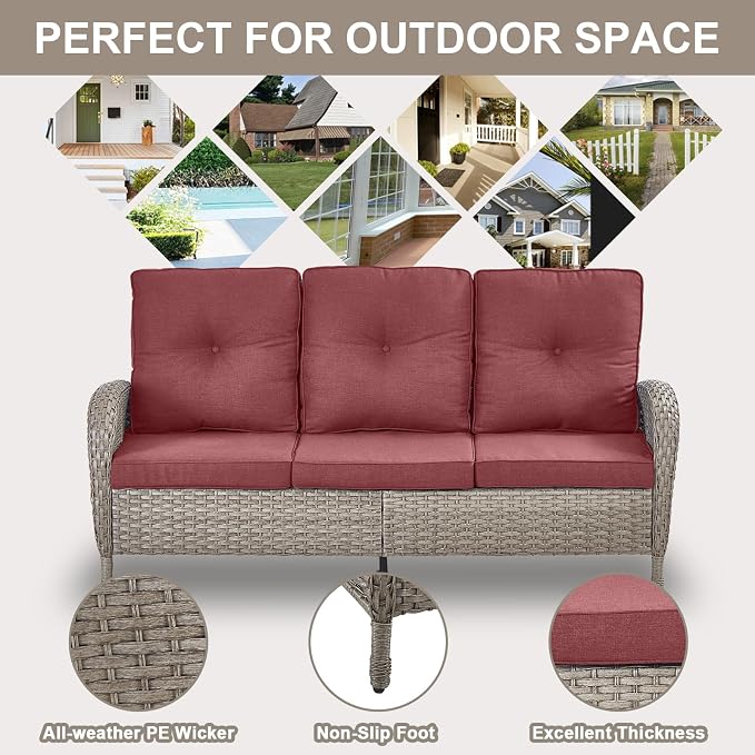 Belord Wicker Outdoor Furniture Set - 7 Piece Patio Conversation Sets with Comfort Swivel Rocker Glider Patio Chairs Set of 2 and Rattan Sofa, Tempered Glass Coffee Table and Side Table,Gray/Red