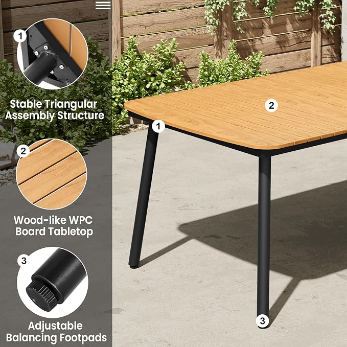 82" Outdoor Dining Table for 8, Brown Patio Table with Umbrella Hole Rectangle Dining Table with Aluminum Frame and Waterproof Wood Grain Tabletop for Lawn Backyard Garden Poolside