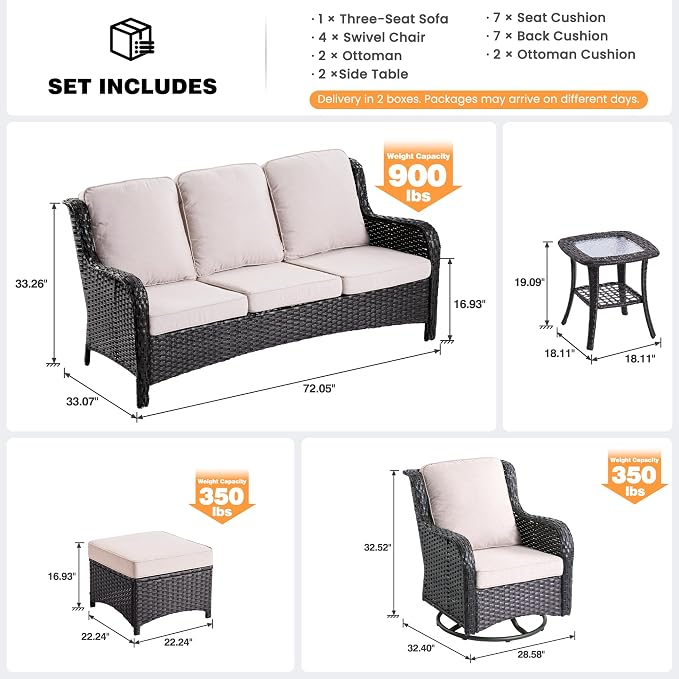 ovios 9-Piece Patio Furniture Set with Swivel Chairs Side Table, Outdoor Wicker Sofa with Comfy Cushions, High Back Couch Modern Conversation Sets, Brown/Beige