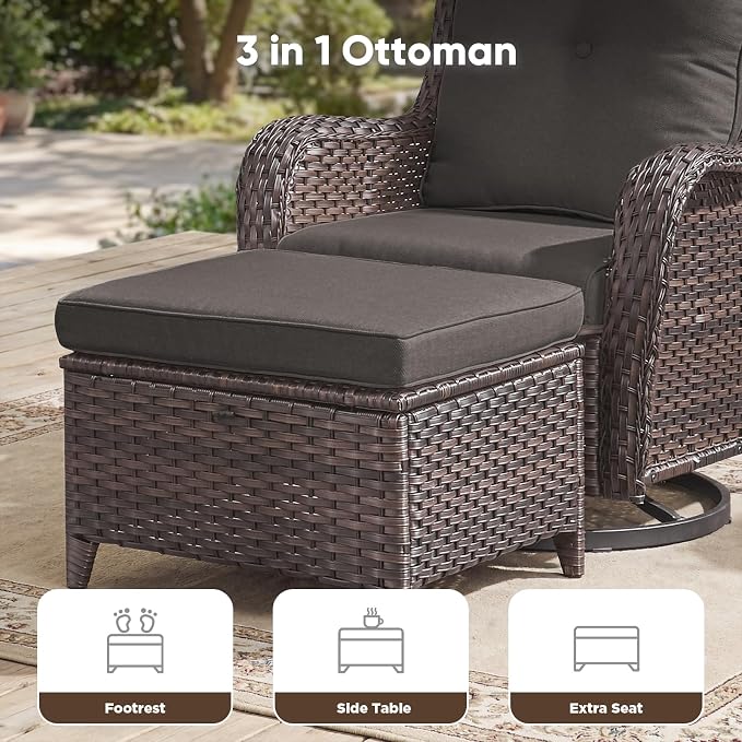 Belord 3-Piece PE Wicker Outdoor Sofa with 2 Ottomans, Luxury Patio Couch Convertible to Chaise Lounge, All-Weather High Back Deep Seat Woven Furniture for Deck, Porch - Brown/Grey