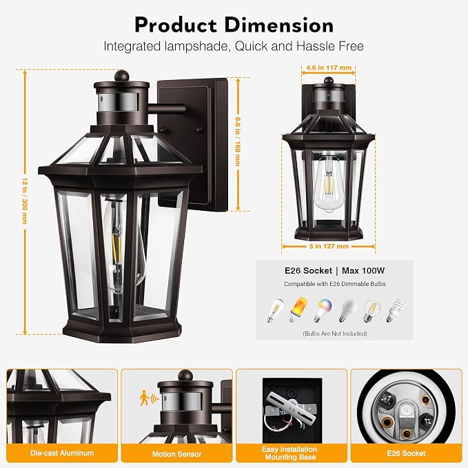 VIANIS Motion Sensor Outdoor Lights, Oil Rubbed Bronze Dusk to Dawn Outdoor Wall Lights Exterior, Waterproof Wall Lantern with Tempered Glass, Modern Outside Wall Sconce for Garage Front Porch, E26