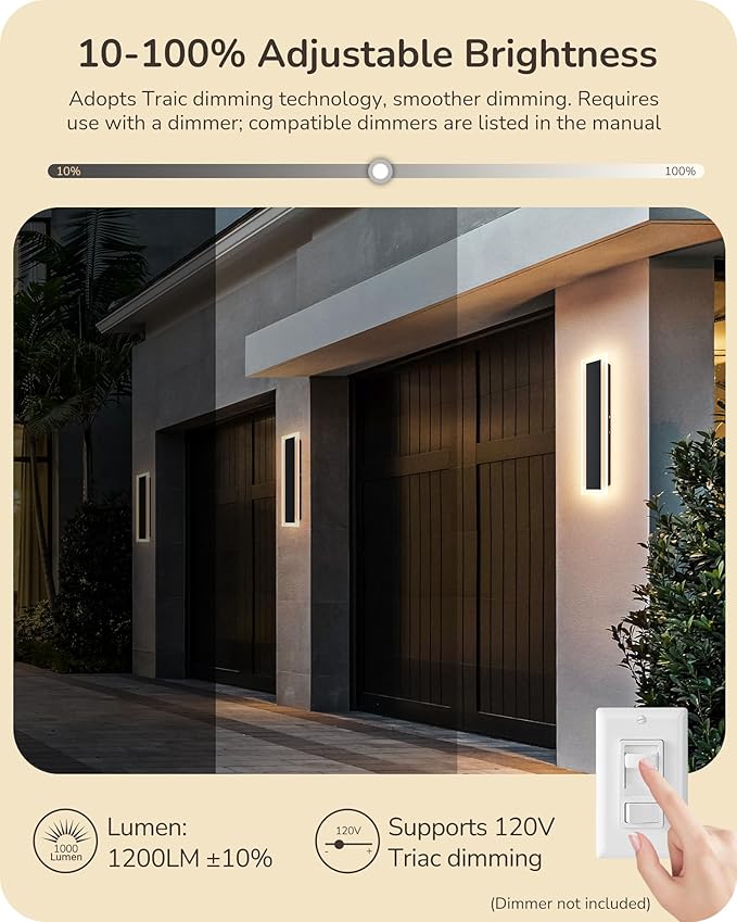 EDISHINE Upgraded 23.6" LED Modern Dimmable Linear Outdoor Wall Light 2pcs | Adjustable Brightness & Color Temperature, IP65 Waterproof, Memory Function, Long Exterior Lighting Fixtures for Garage