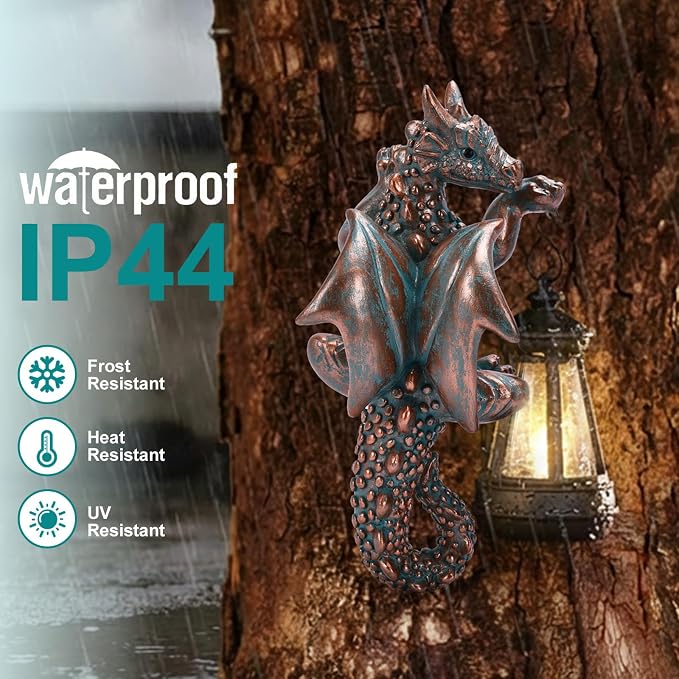 Goodeco Dragon Tree Hugger Garden Statue with Solar Lantern - 9.3 Inch Resin Dragon Decor for Outdoor, Perfect Dragon Gifts & Yard Decor（Bronze）