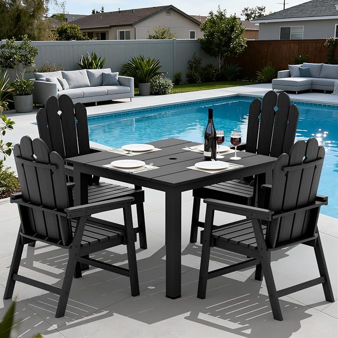 5 Piece Outdoor Dining Set for 4, Patio Table and Chairs Set, Black | 4 person HDPE outdoor dining set,high back 304 stainless steel, weather resistant up to 10 years, low maintenance patio set
