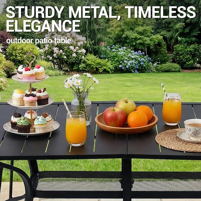 Outdoor Patio Dining Table for 6 People, 63" x 38" All-Weather Resistant Metal Rectangle Table with Adjustable Umbrella Hole for Garden Backyard Porch Poolside, Black